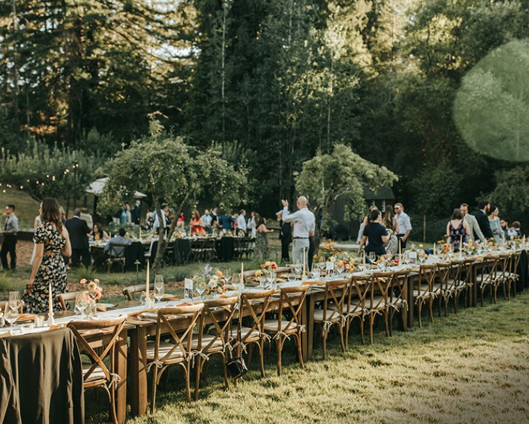 wedding reception set up with long table decorated with flowers and plates, guest mingling in the back