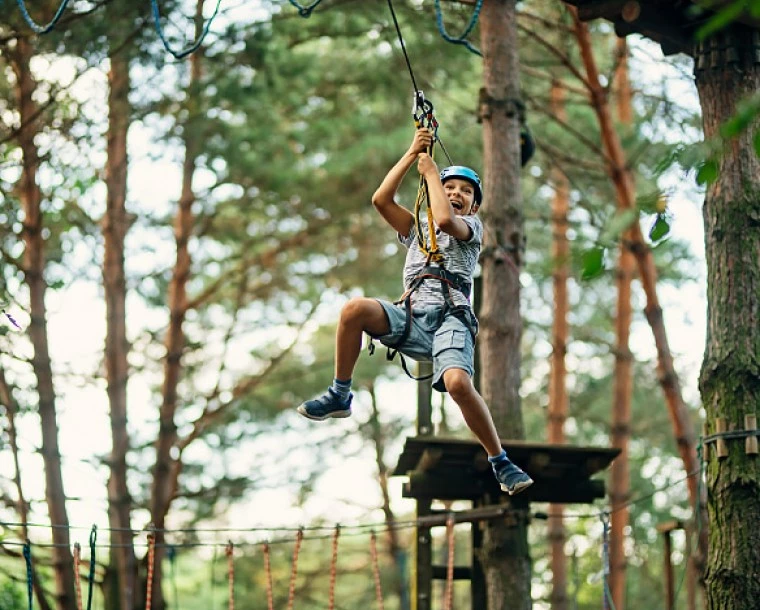 person zip lining through the forst
