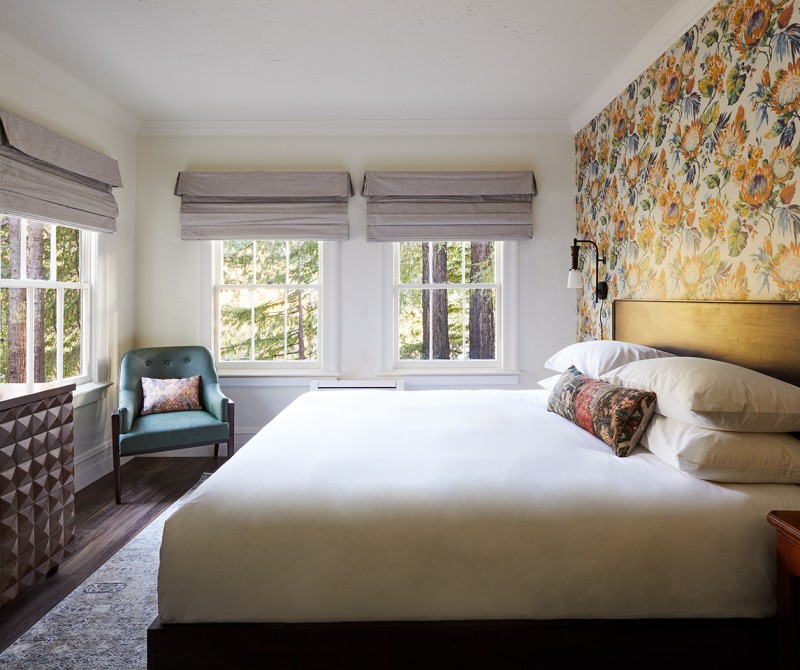 guestroom with floral wall paper