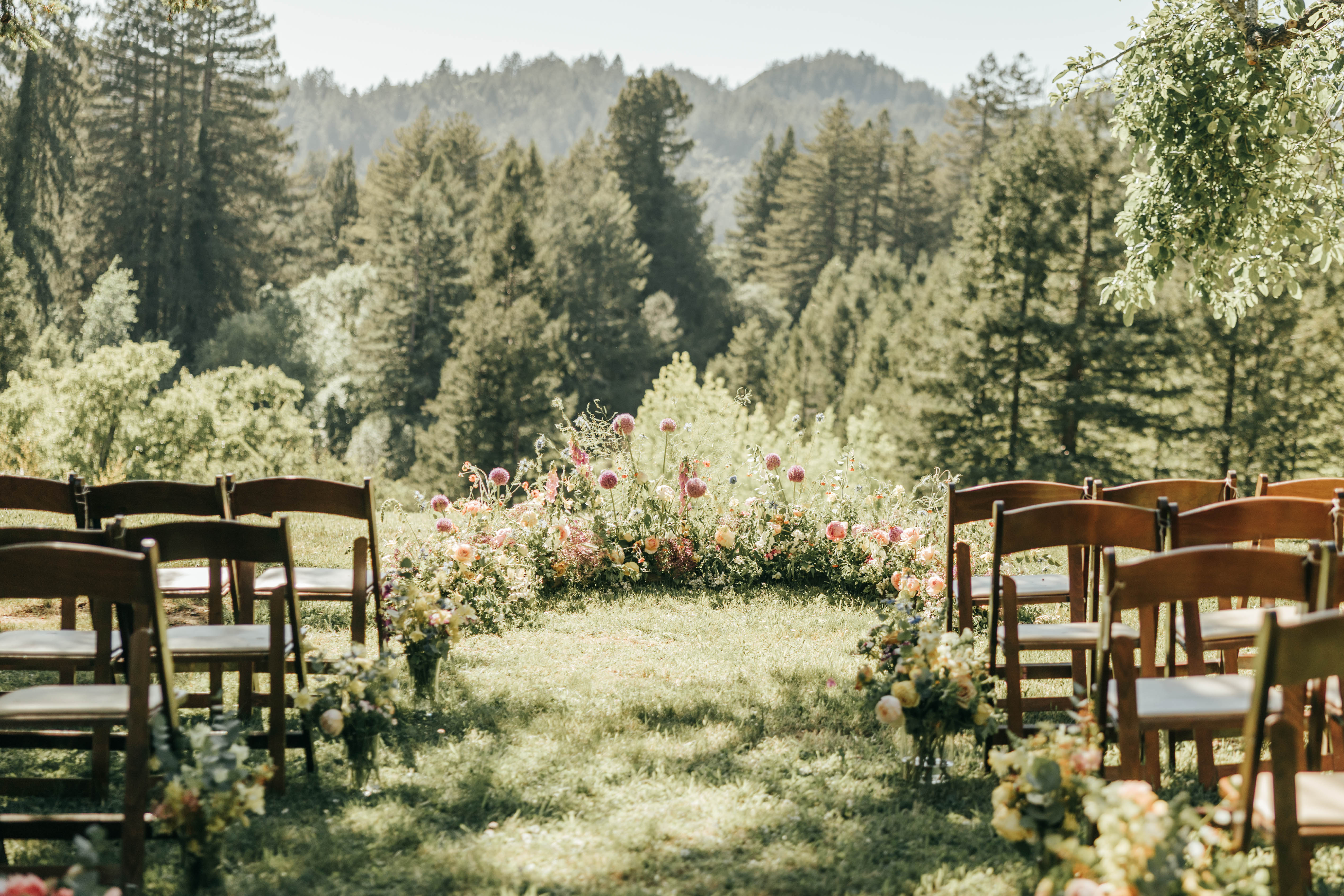 chairs in a circle with flowers in the middle of a field