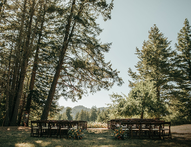 wide shot of wedding ceremony surrounded by large trees