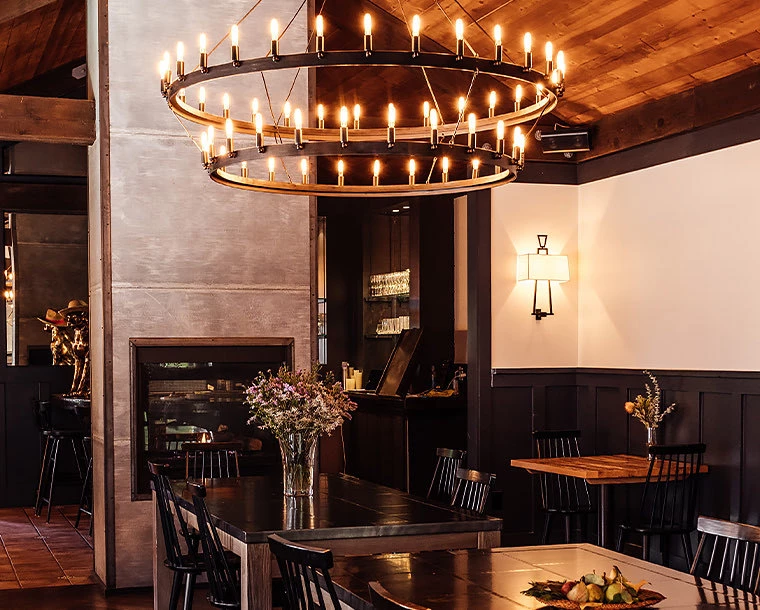 stavrand hall with lit up chandelier 