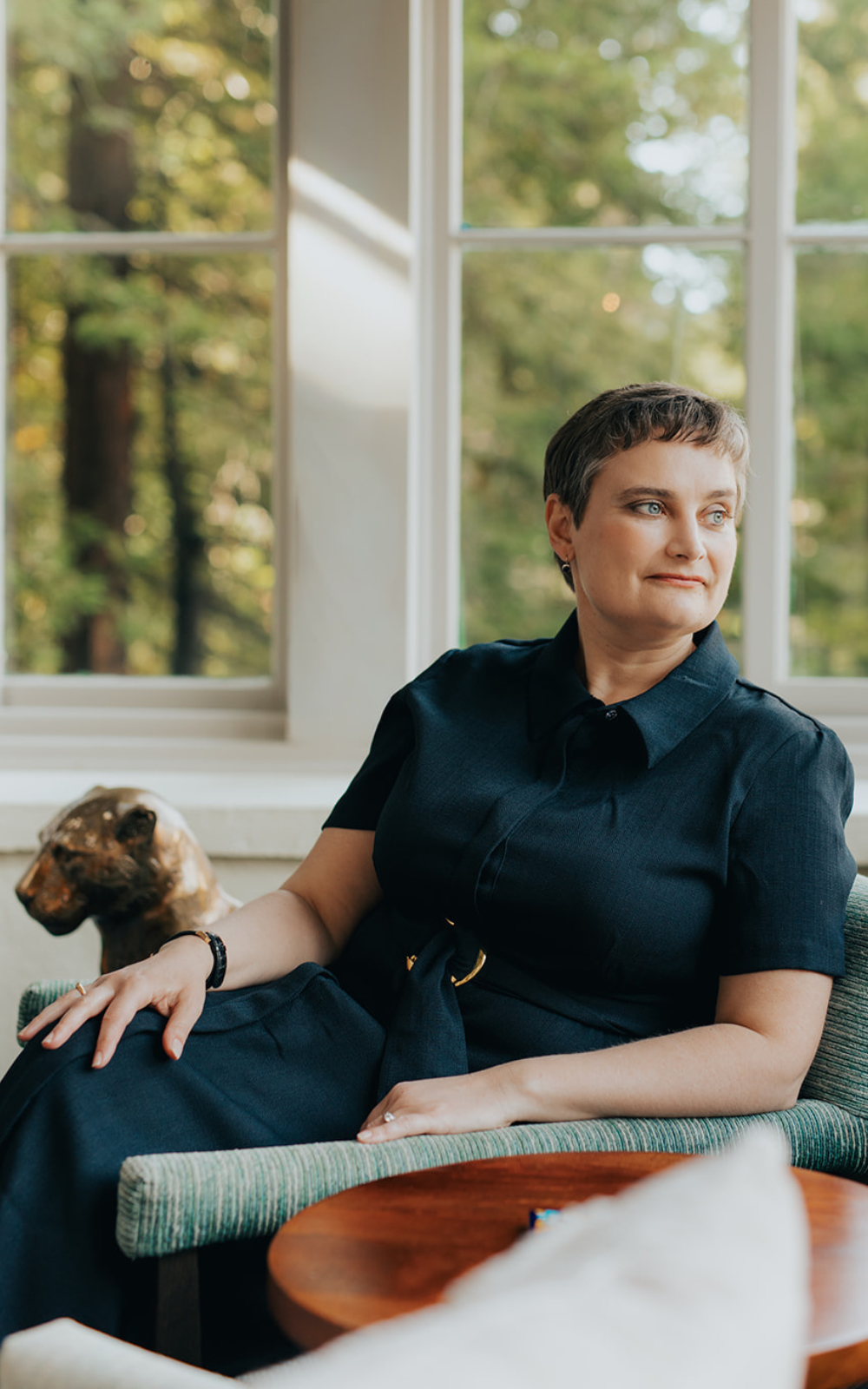a woman sitting in a chair