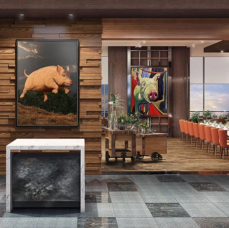 The Market restaurant entrance with podium, pig painting & table