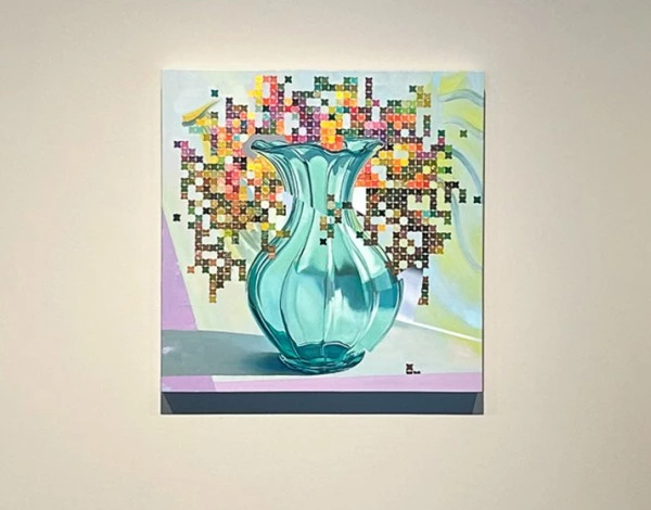 a painting of a vase on a wall