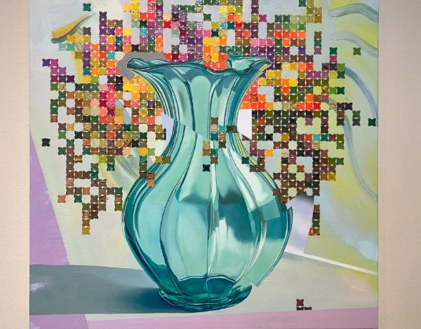 a painting of a vase with colorful squares