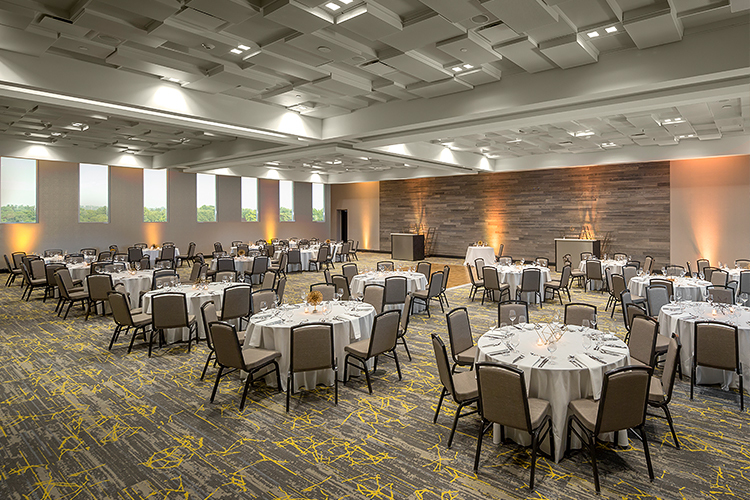 large meeting space set up for dinner