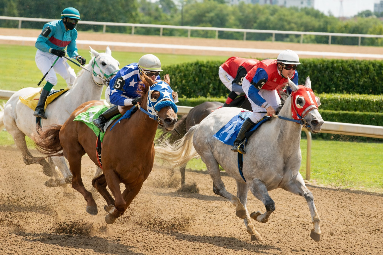 a group of jockeys riding horses