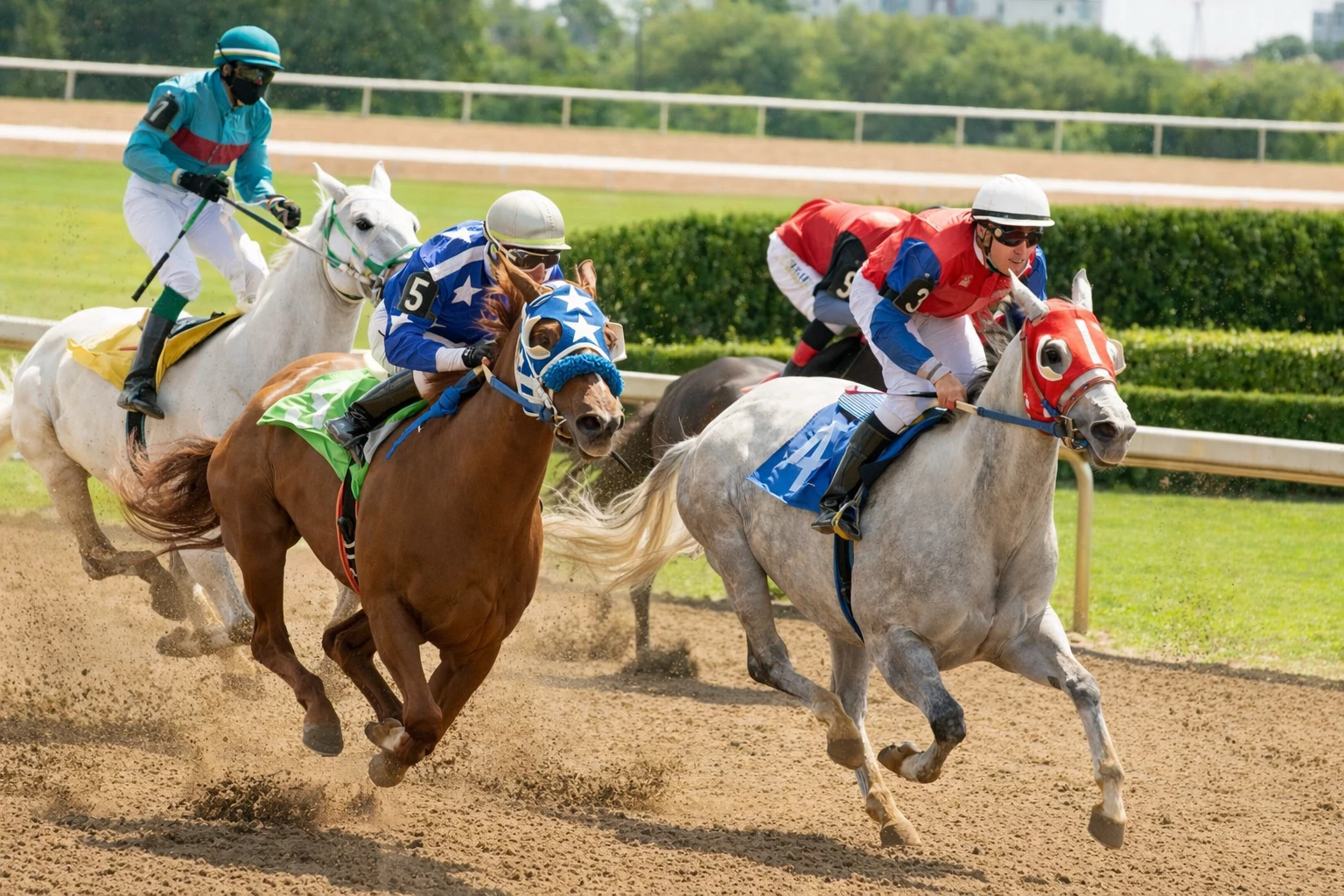 a group of jockeys riding horses