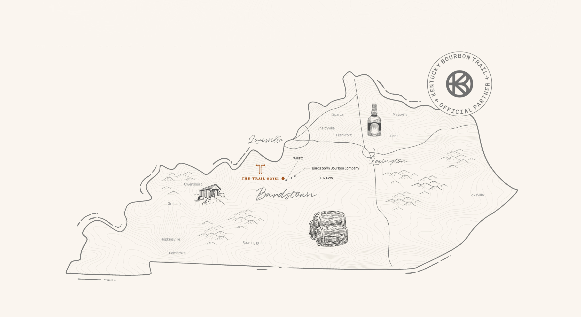 a map of kentucky with a bottle of whiskey and a bottle of whiskey