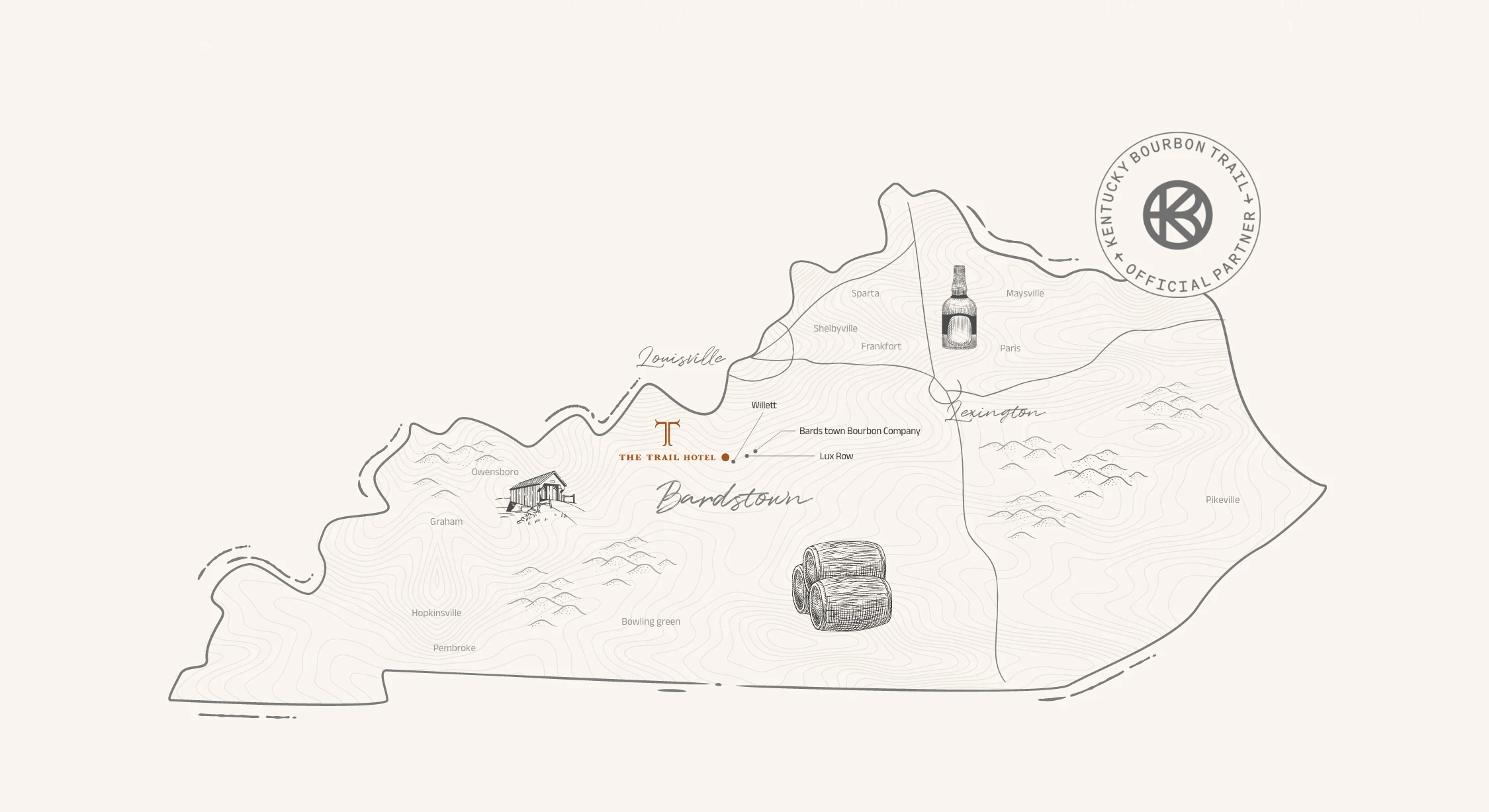 a map of kentucky with a bottle of whiskey and a bottle of whiskey