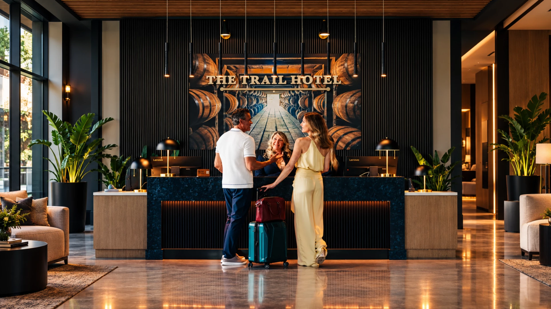 a group of people standing in front of a hotel