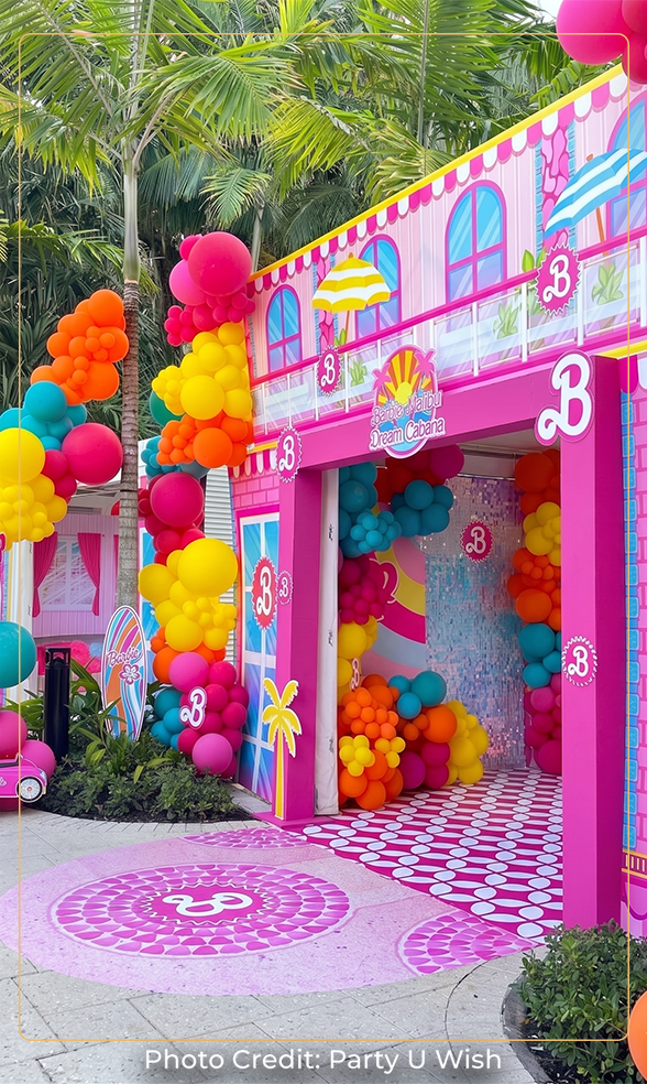 a building with lots of balloons