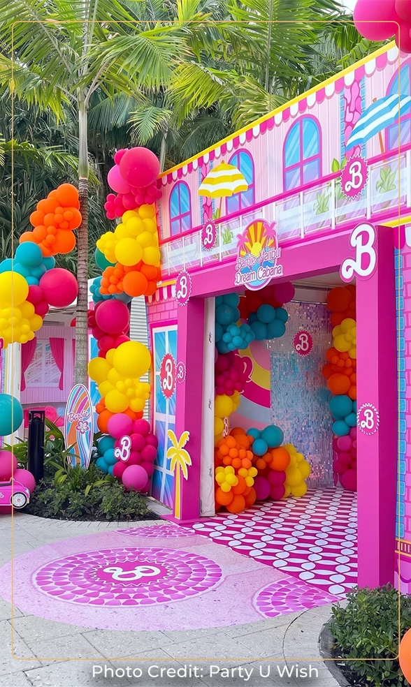 a building with lots of balloons