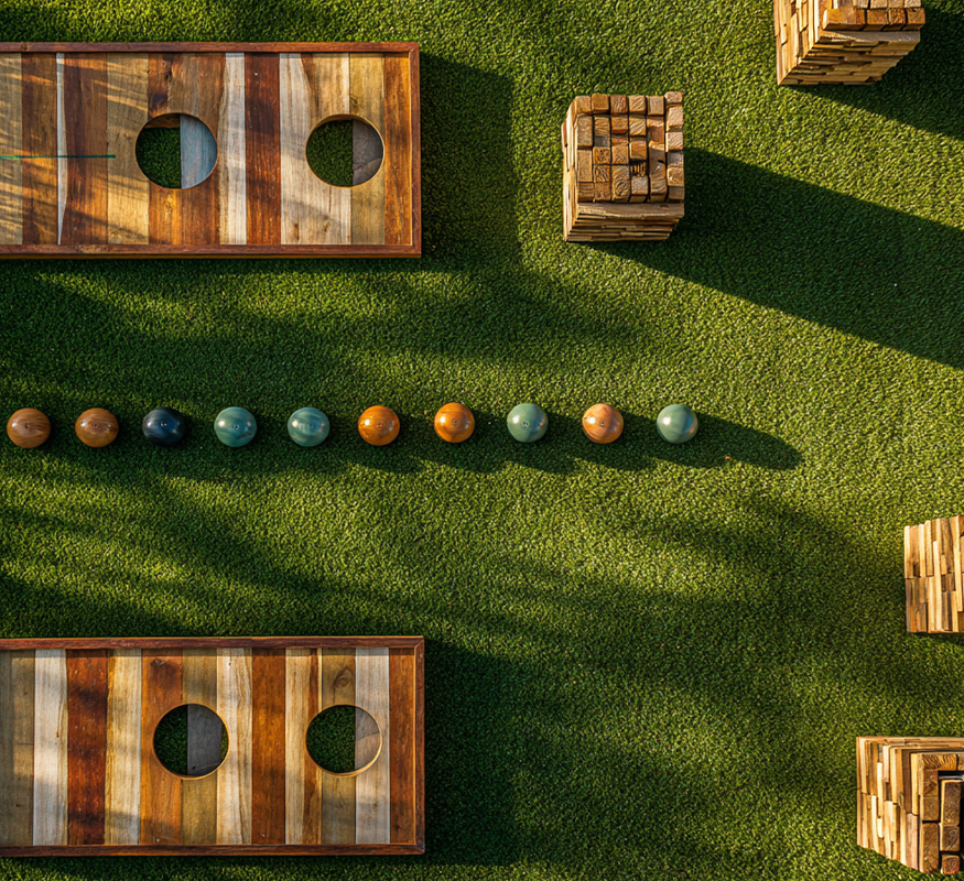 a game of bocce balls and wood blocks on grass