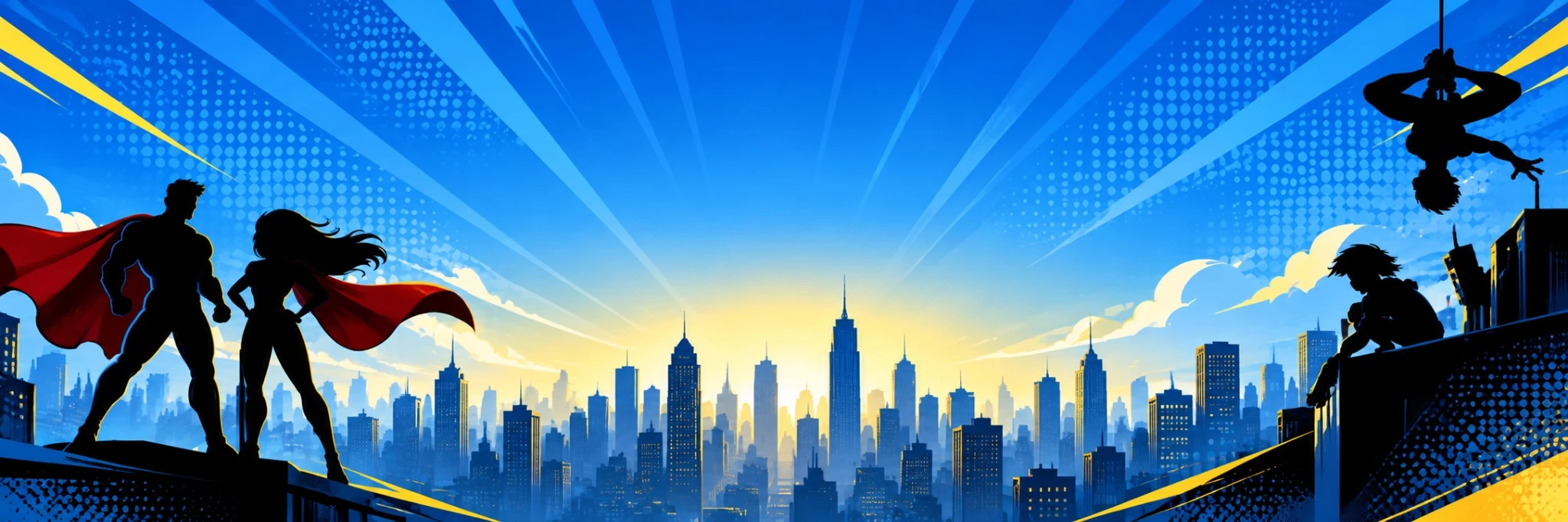 a city skyline with sun rays