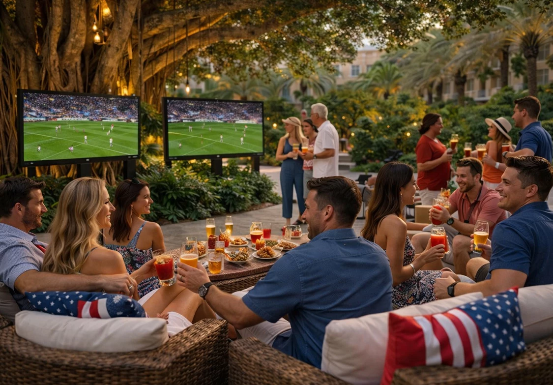 a group of people sitting around a table with drinks and televisions