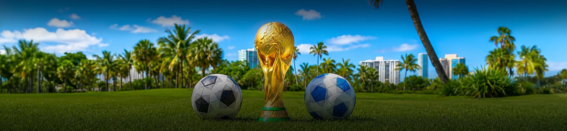 a trophy and football balls on grass 