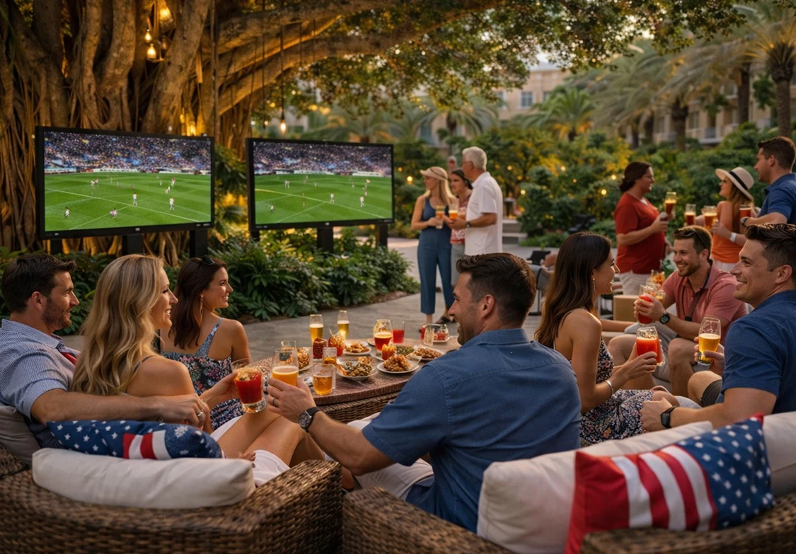 a group of people sitting around a table with drinks and televisions