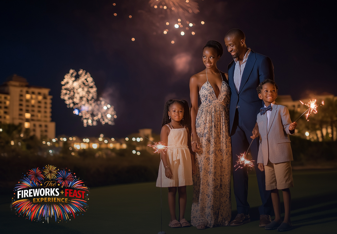 a group of people standing in front of fireworks