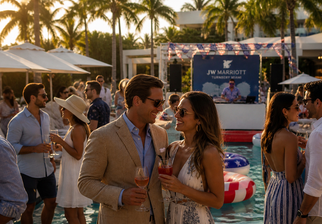 a man and woman holding drinks and standing next to a pool