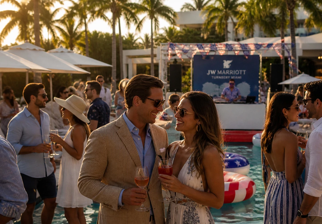 a man and woman holding drinks and standing next to a pool