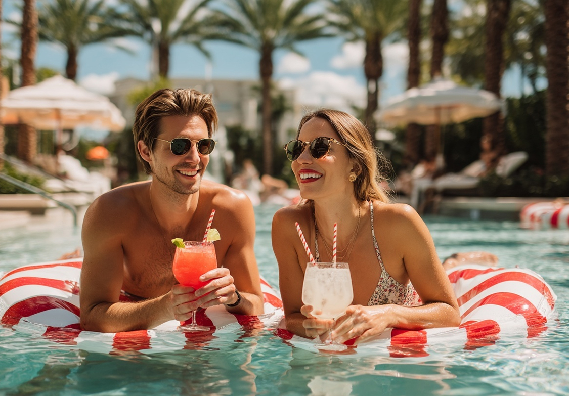 a man and woman in a pool with drinks