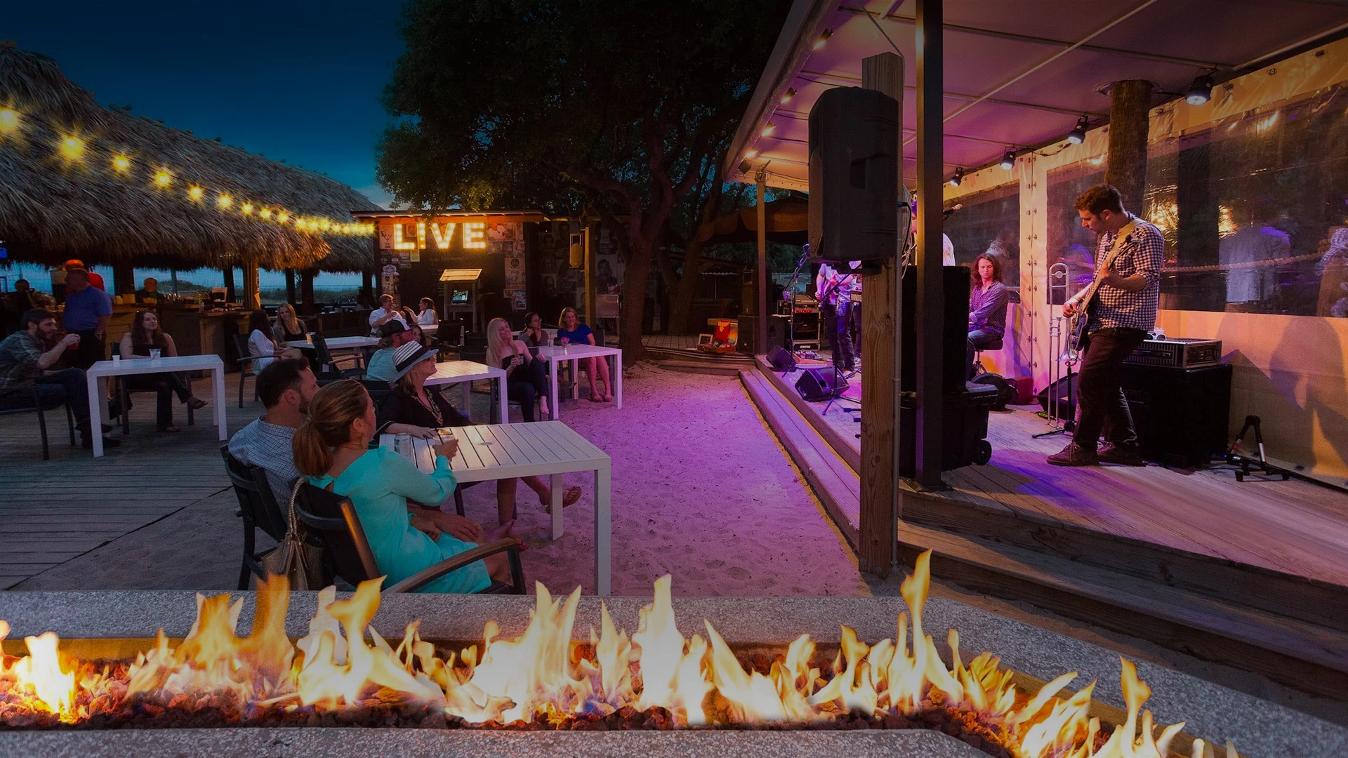 view of the Tiki Hut stage outdoors on the sand