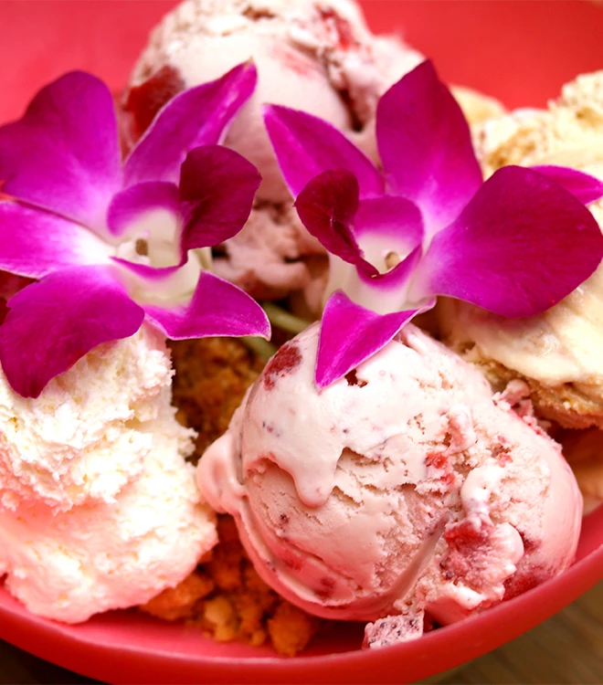 a bowl of ice cream with purple flowers
