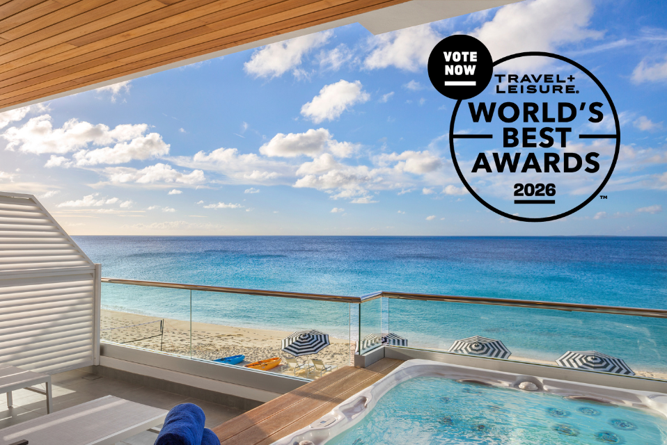 Condominium suite terrace with hot tub overlooking Meads Bay Beach at Tranquility Beach Anguilla Resort