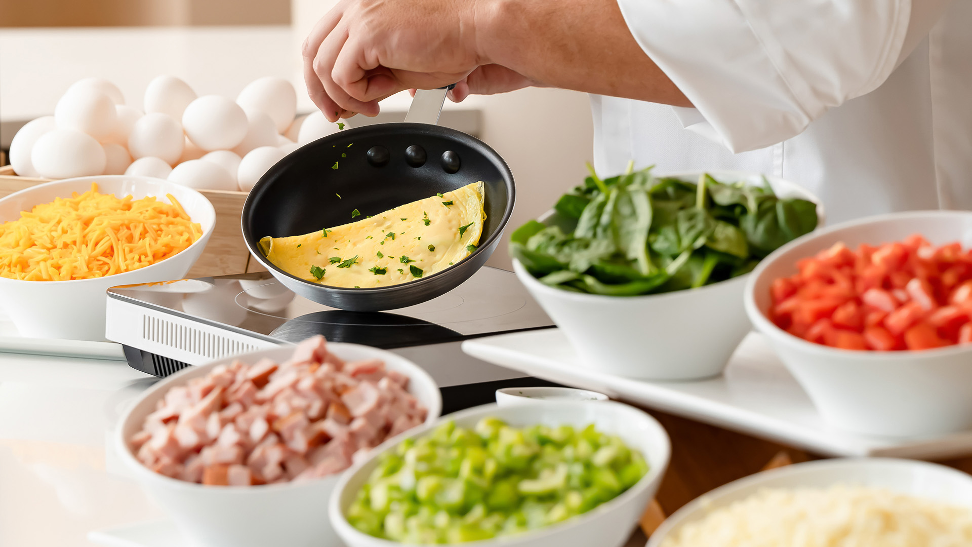 a person cooking in a pan with eggs and greens