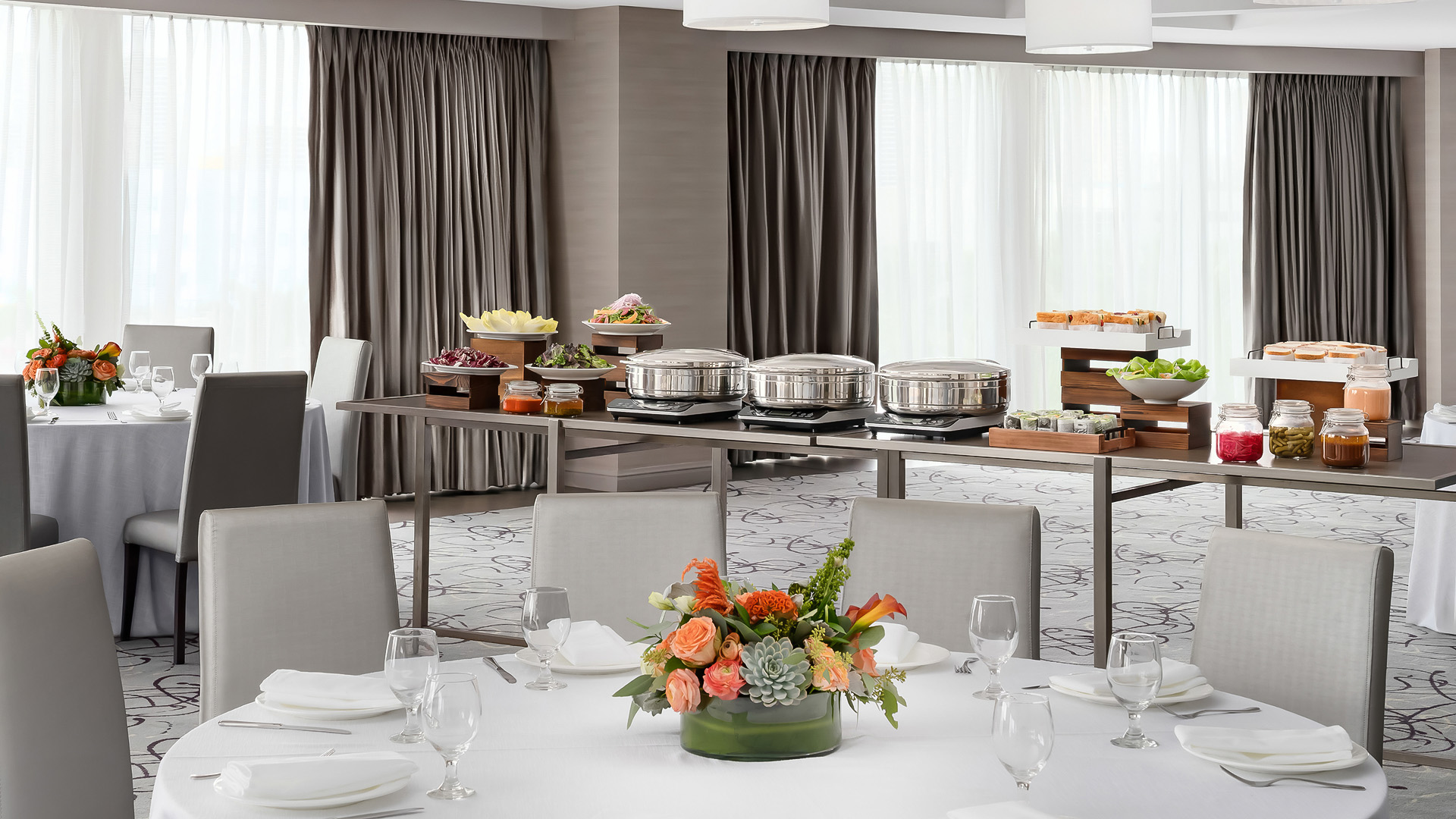 a buffet table with food on it