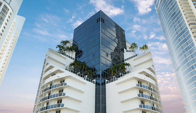 a building with trees on the side