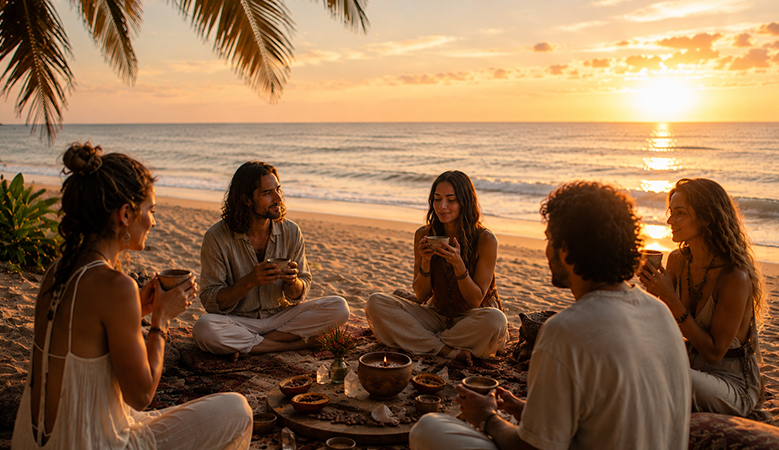 a group of people sitting on a beach with a table of food and a palm tree