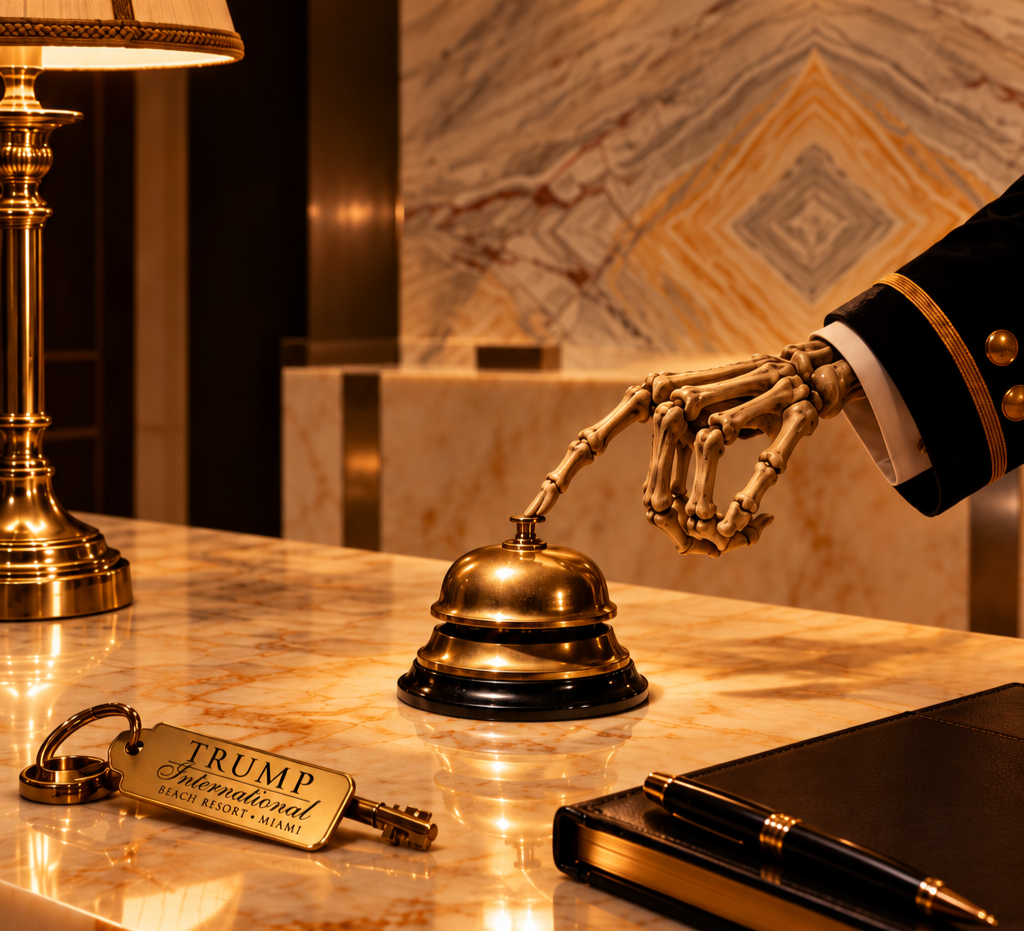 a skeleton hand ringing a bell on a desk