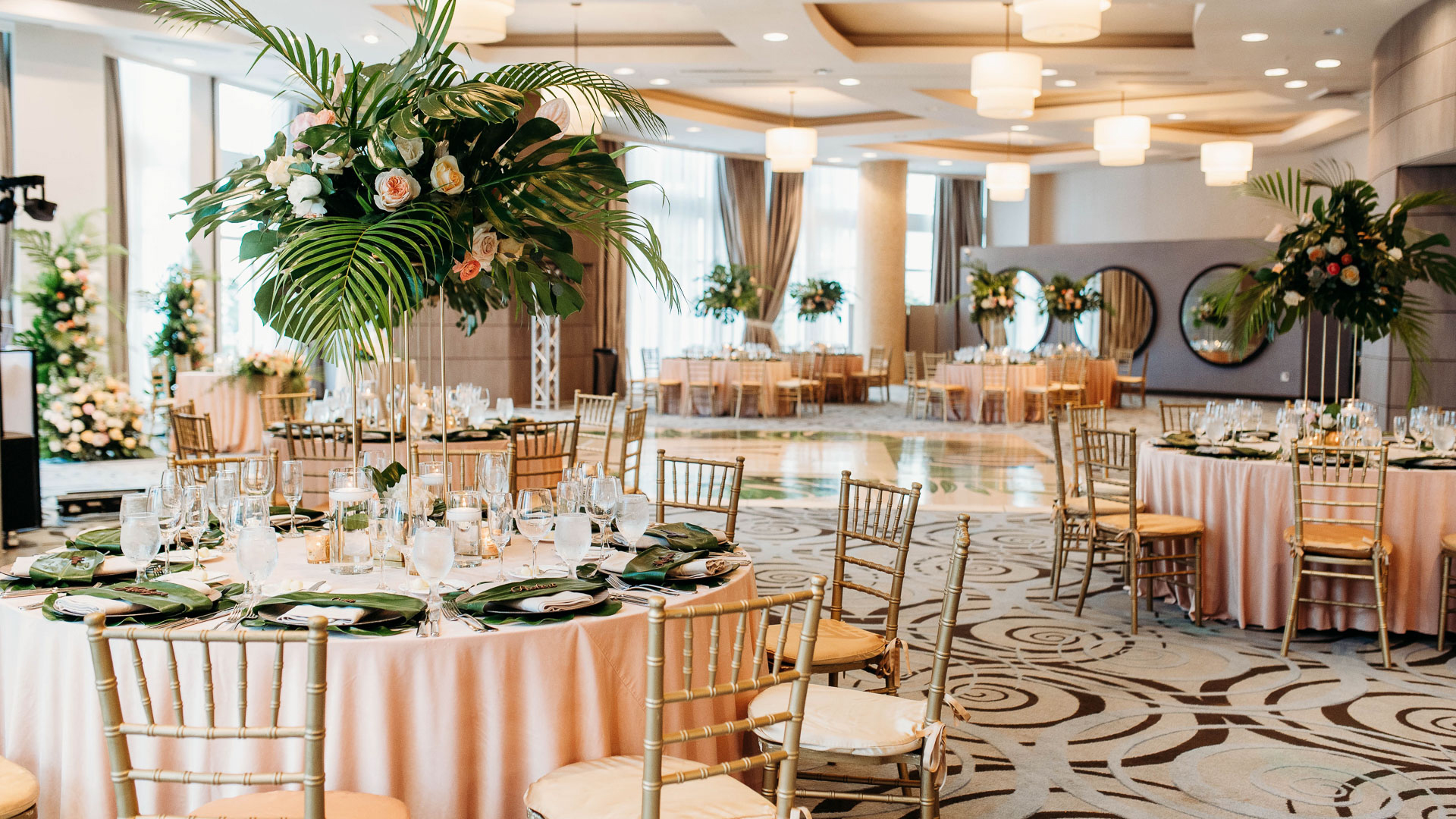 a room with tables and chairs