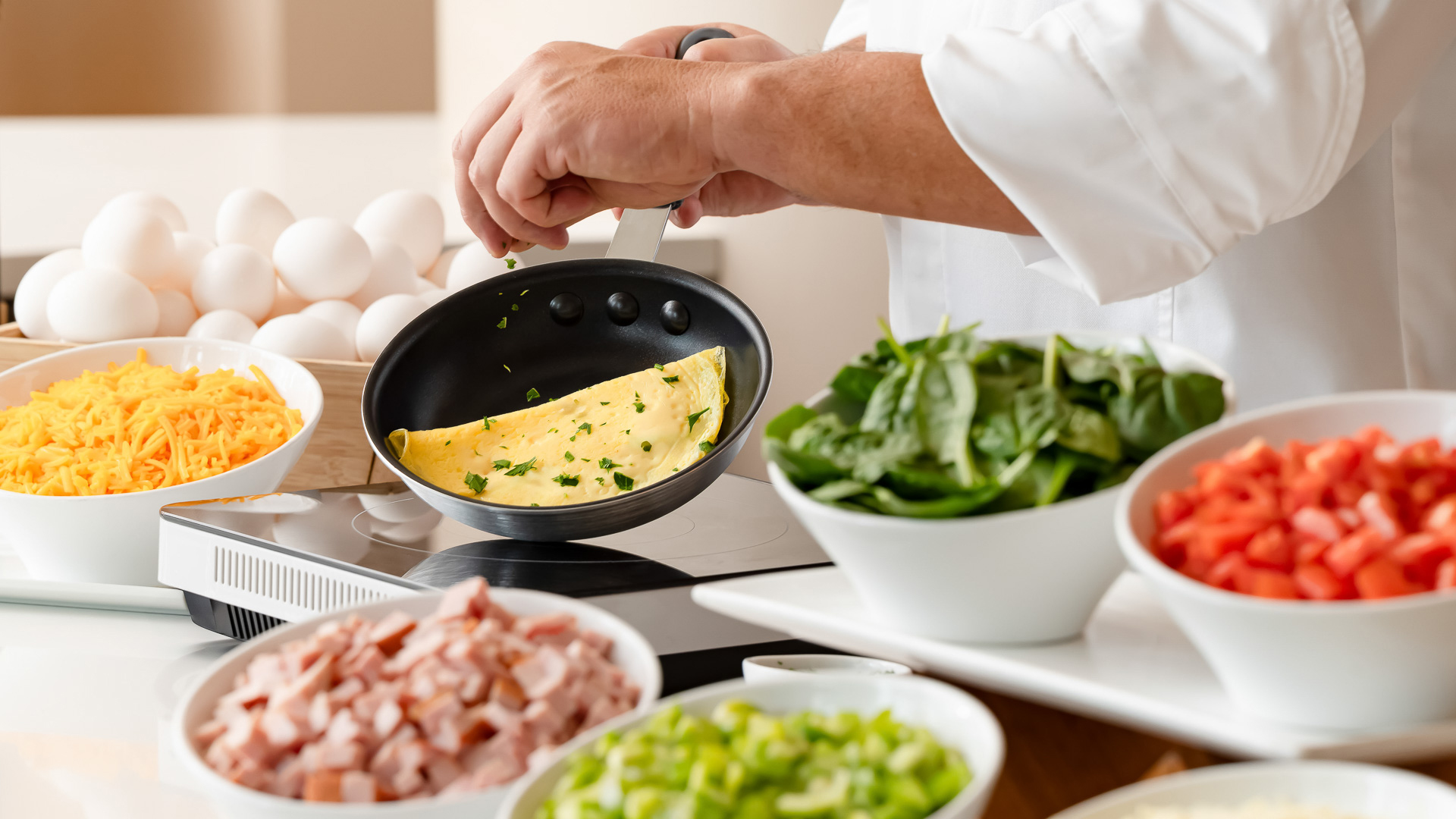 a person cooking omelette in a pan