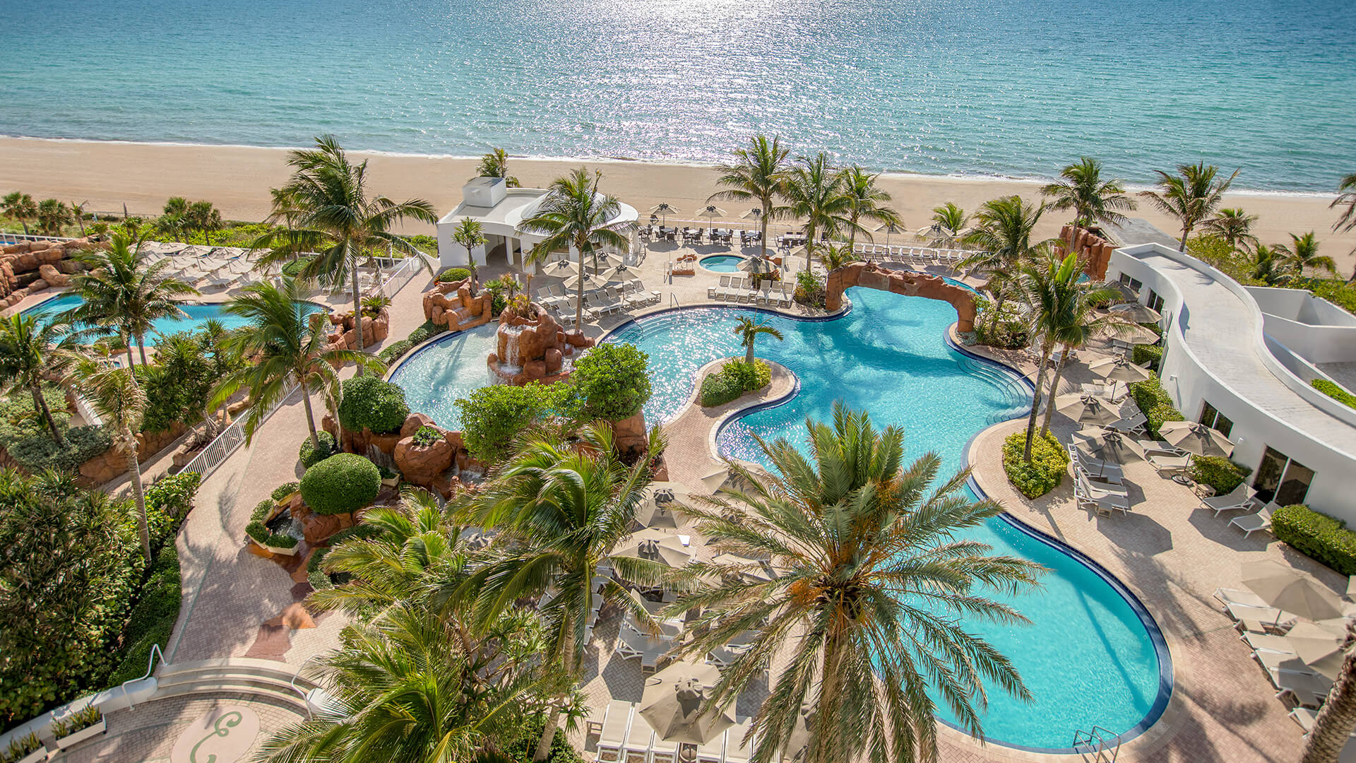 a swimming pool with palm trees and a beach