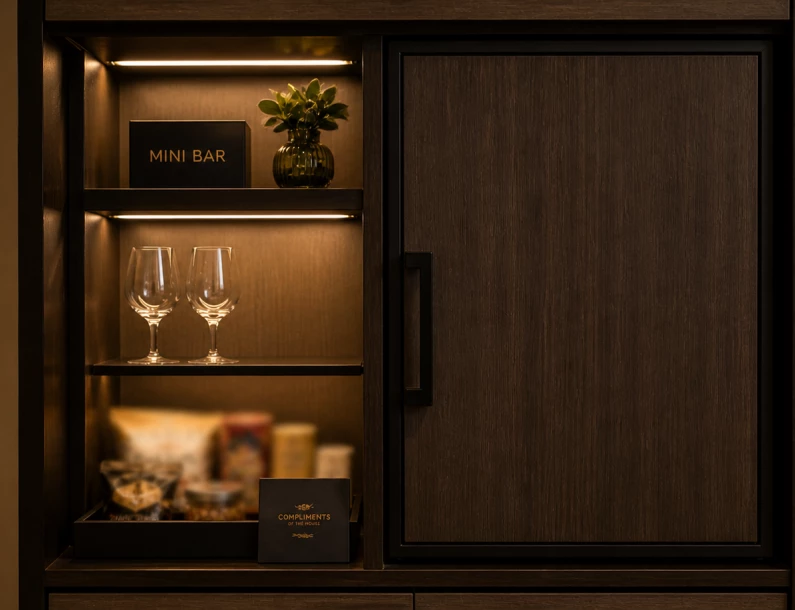 a shelf with wine glasses and a sign on it