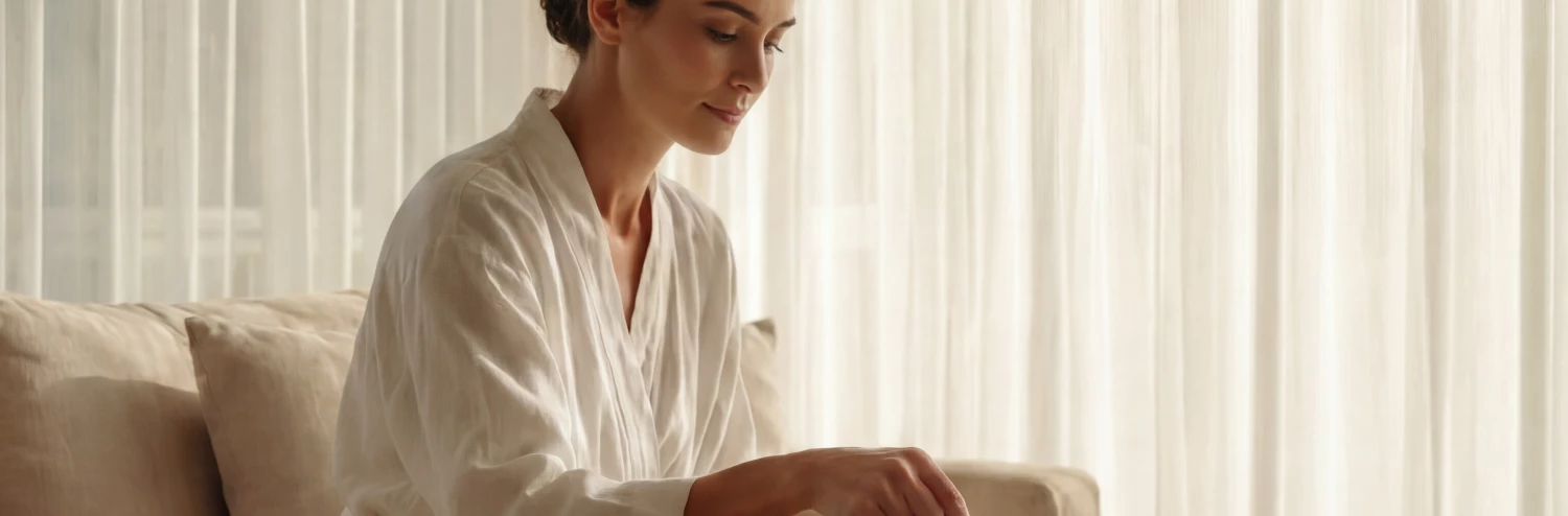 a woman in a white robe pouring tea from a teapot