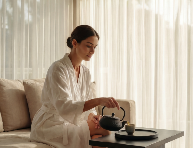 a woman in a white robe pouring tea from a teapot