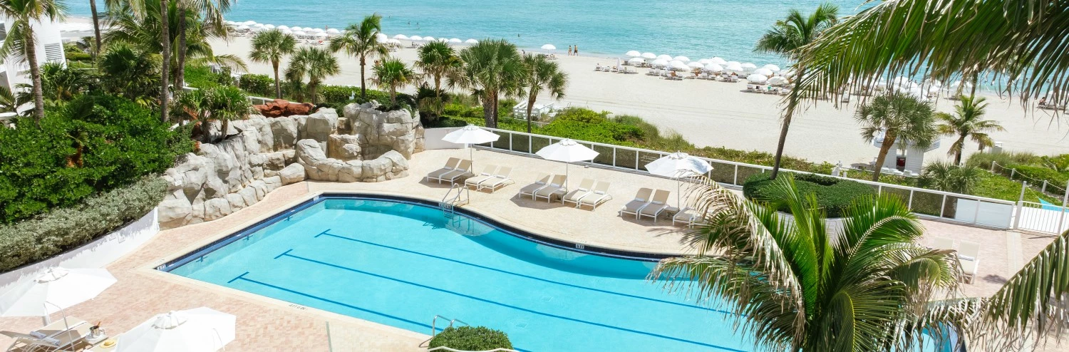 a swimming pool with palm trees and a beach