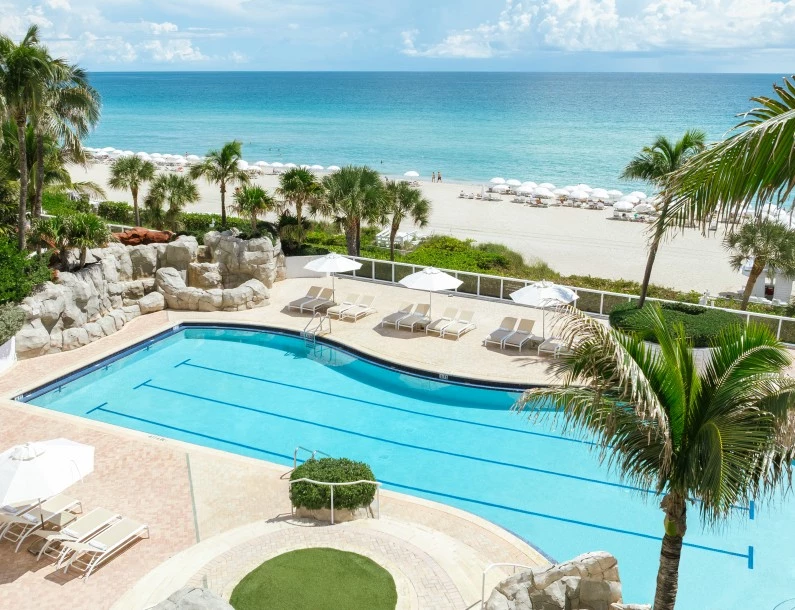 a swimming pool with palm trees and a beach