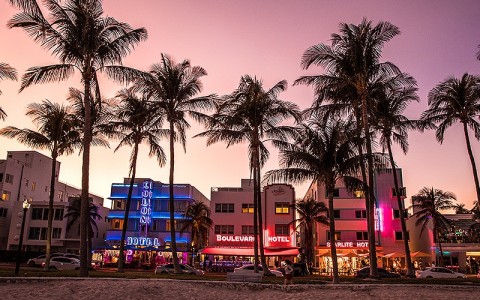 Miami beach ocean avenue skyline at twilight