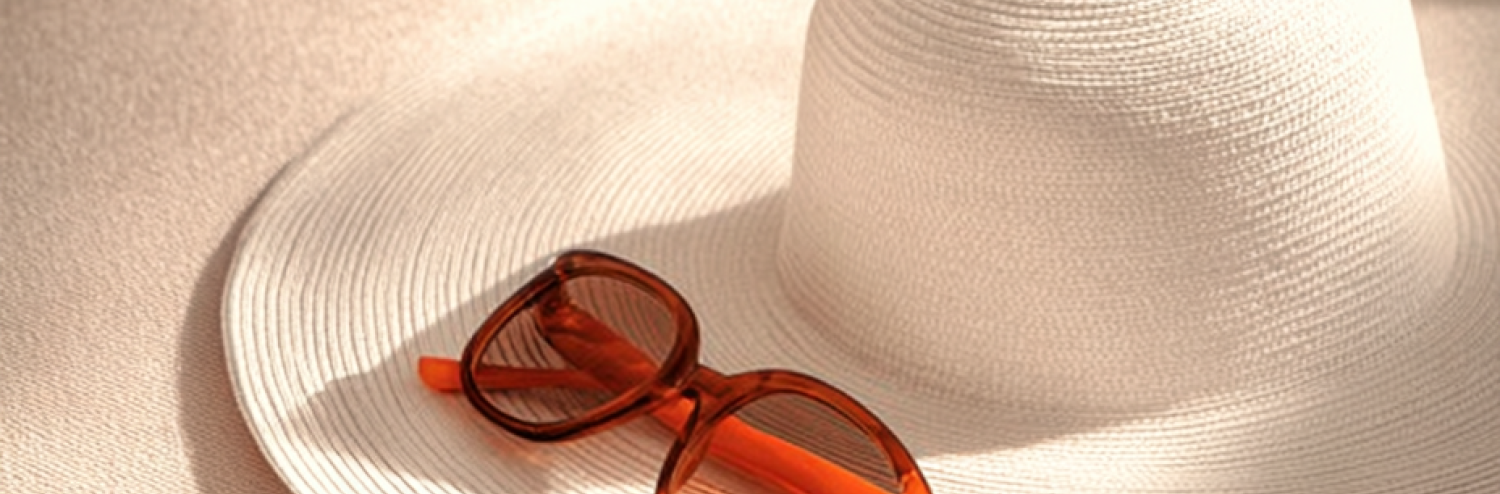 a hat and sunglasses on a bench