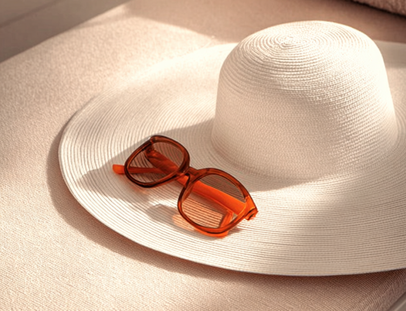 a hat and sunglasses on a bench