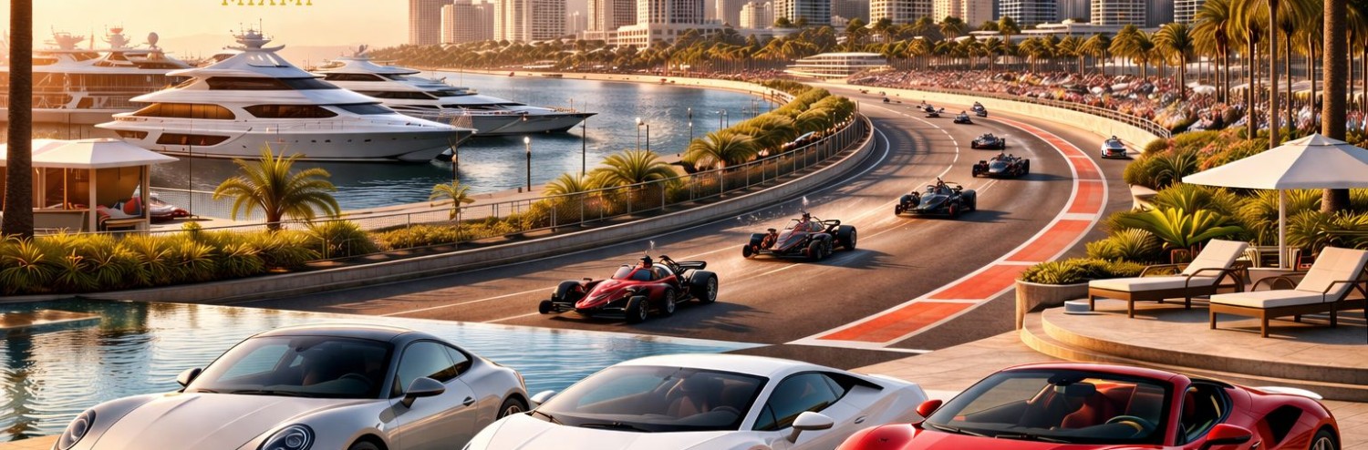 a group of sports cars on a road next to a body of water