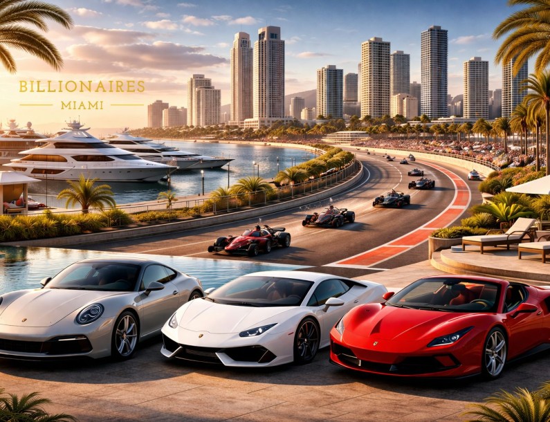 a group of sports cars on a road next to a body of water