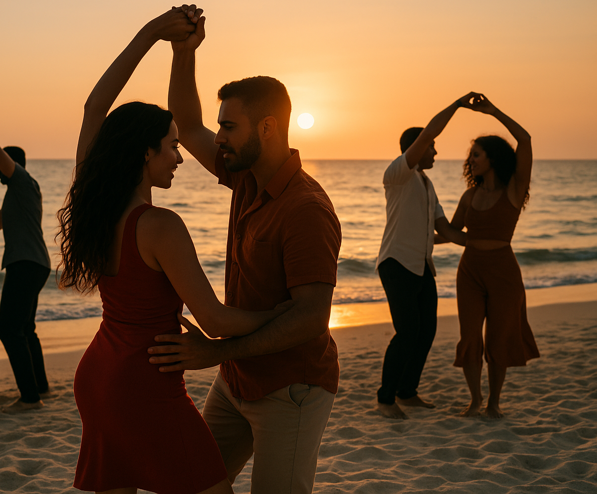 a group of people dancing on a beach