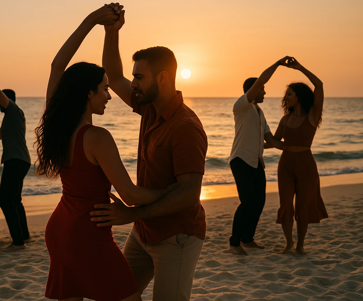a group of people dancing on a beach